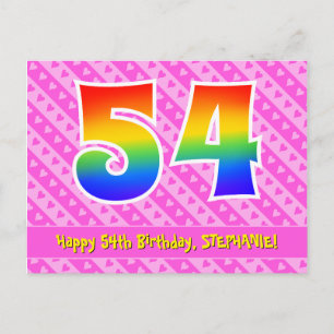 54. Geburtstag: Rosa Streifen & Herzen, Regenbogen Postkarte