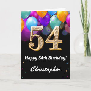 54. Geburtstag Schwarz und Gold farbige Ballons Karte