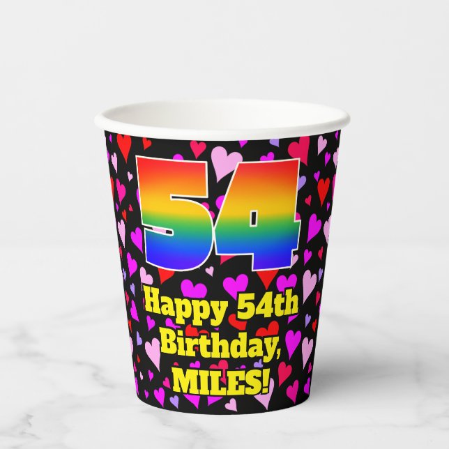 54th Birthday: Loving Hearts Pattern, Rainbow 54 Pappbecher (Vorderseite)