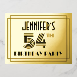 54th Birthday Party Art Deco Style "54" + Name Folie Einladungspostkarte