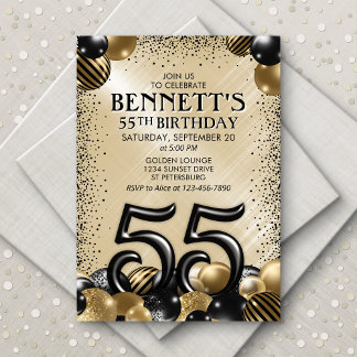 55. Balloons Black Gold Geburtstag Einladung