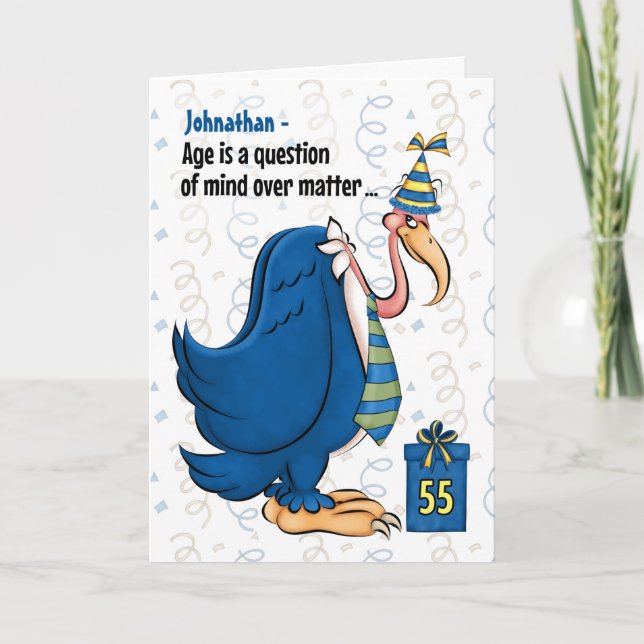 55. Funny Birthday Blue Buzzard mit Namen Karte (Vorderseite)