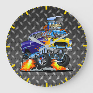 55 Funny Car Metal Diamond Schachbrett Plate Große Wanduhr