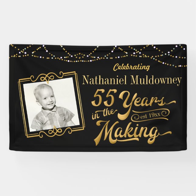 55. Geburtstag bearbeitbares Schwarz und Gold Banner (Horizontal)