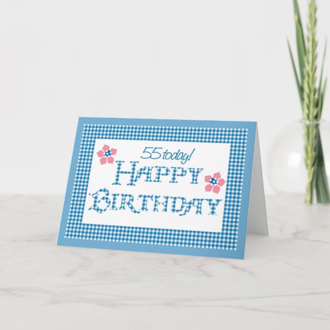 55. Geburtstag, blaues Karo-Gingham-Muster Karte (Vorderseite)