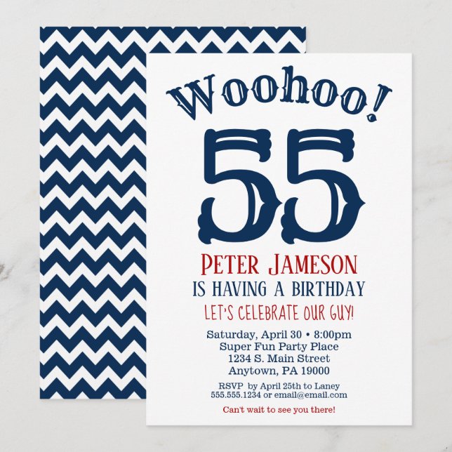 55. Geburtstag Einladung Mens Navy Blue (Vorne/Hinten)
