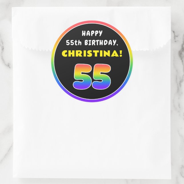 55. Geburtstag: Farbiger Regenbogen # 55, Individu Runder Aufkleber (Tasche)