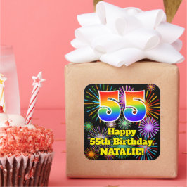 55. Geburtstag: Fun Fireworks Look, Rainbow # 55 Quadratischer Aufkleber
