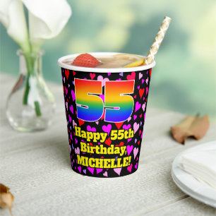 55. Geburtstag: Loving Hearts Pattern, Regenbogen Pappbecher