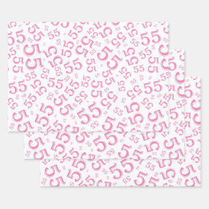 55. Geburtstag Pink/Weiß Random Zahlenmuster 55 Geschenkpapier Set