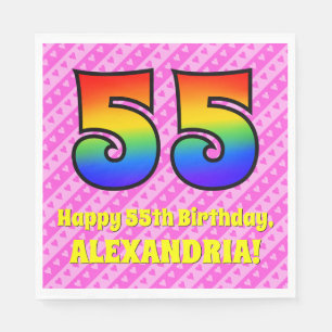55. Geburtstag: Rosa Streifen & Herz, Regenbogen # Serviette