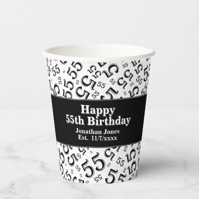 55. Geburtstag Schwarz/Weiß Random Zahlenmuster 55 Pappbecher (Vorderseite)