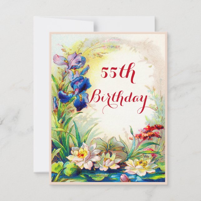 55. Geburtstag Vintage Wasserlilien und Iris-Blume Einladung (Vorderseite)