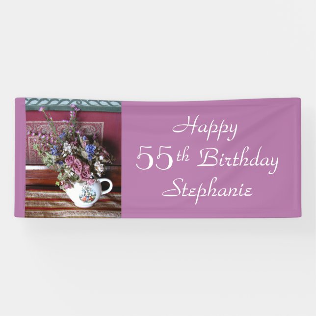 55. Geburtstag Vintager Teekessel Lila, Name, Blüt Banner (Horizontal)