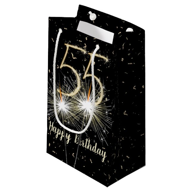 55. Geburtstagsparkler auf schwarz Kleine Geschenktüte (Vorderseite Schrägansicht)