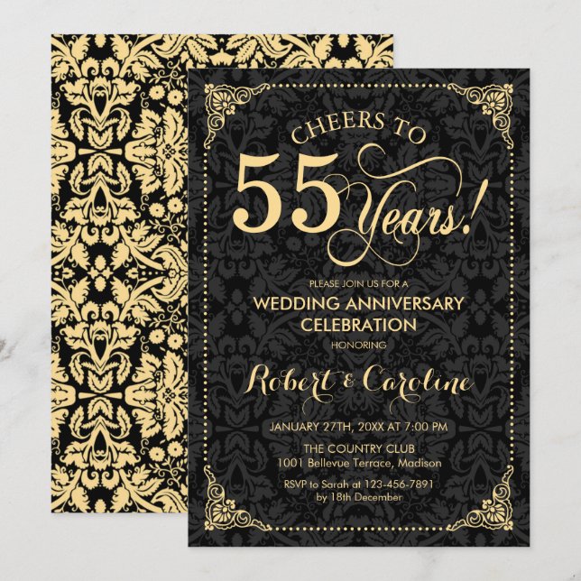 55. Hochzeitstag - Gold Black Damask Einladung (Vorne/Hinten)