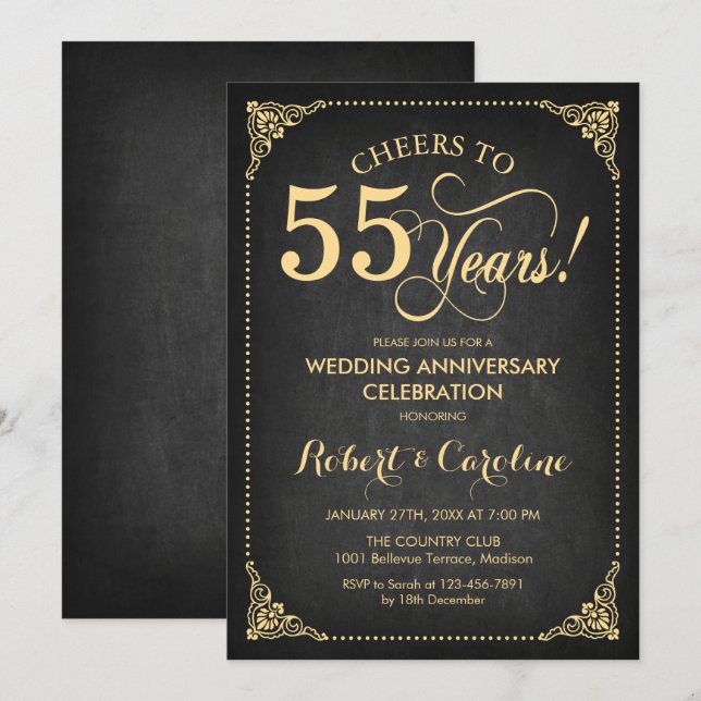 55. Hochzeitstag - Gold Chalkboard Einladung (Vorne/Hinten)