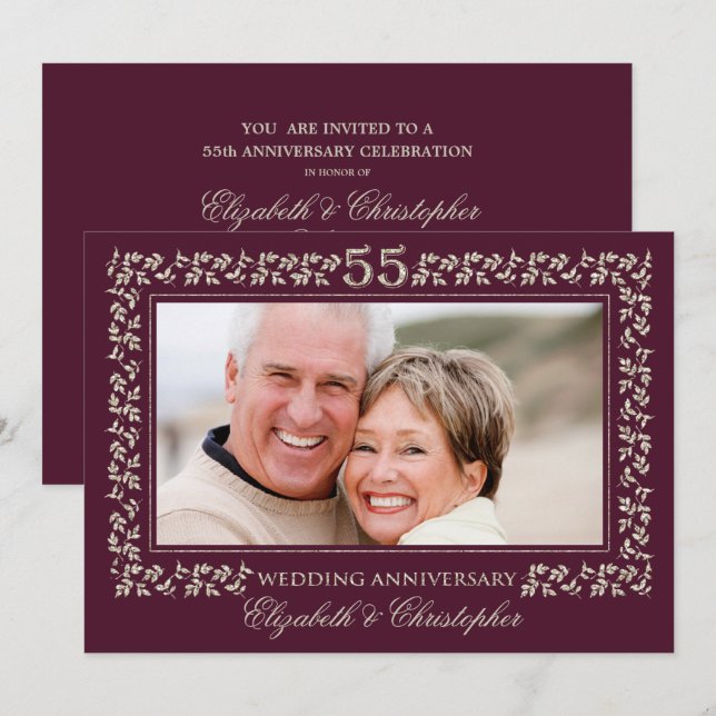 55. Hochzeitstag Pflaumenbronze-Foto Einladung (Vorne/Hinten)