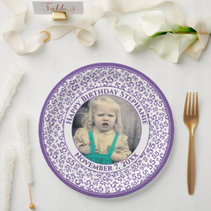 55 Ihre Foto Zufallszahlenmuster Lila/Weiß Pappteller