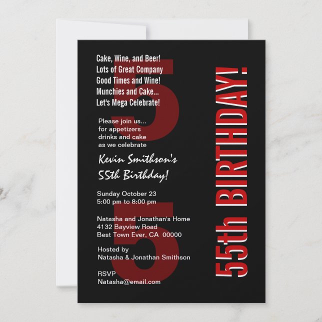 55. Modern Modern Birthday Schwarz-weiß Red Templa Einladung (Vorderseite)