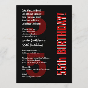 55. Modern Modern Birthday Schwarz-weiß Red Templa Einladung
