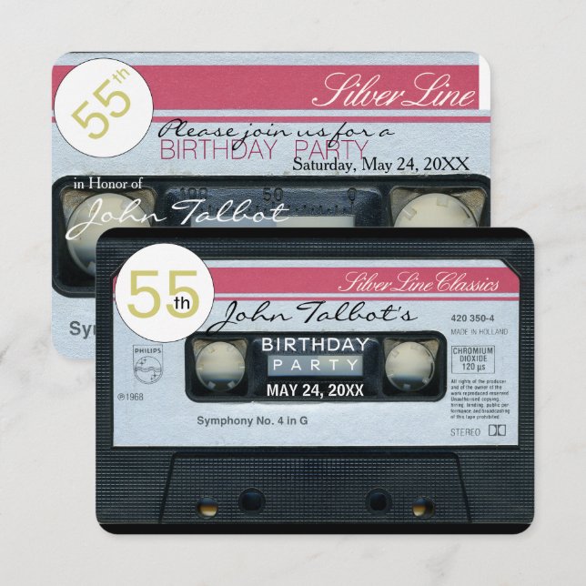 55. Party Einladung Geburtstag Retro c-Tonbandes (Vorne/Hinten)