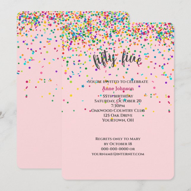 55e anniversaire Fête confetti Invitation (Devant / Derrière)