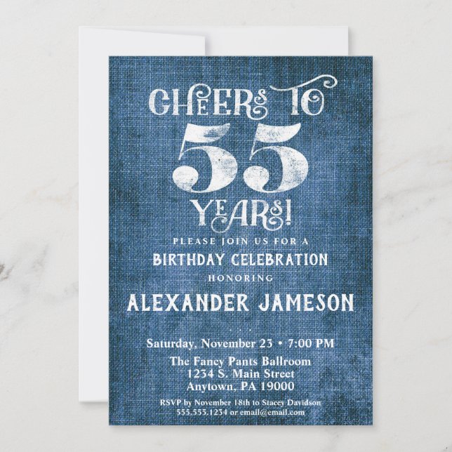 55e anniversaire Invitation Linen Bleu Bravo rusti (Devant)