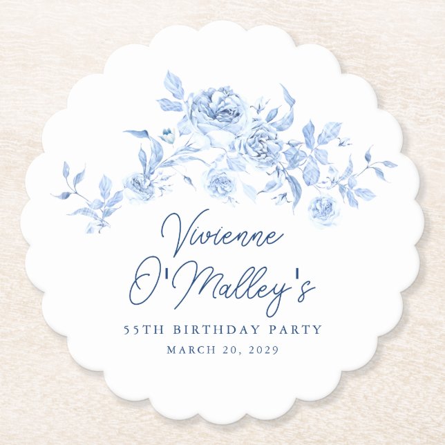 55th Birthday Party Blue Rose Floral Custom Untersetzer (Vorderseite)