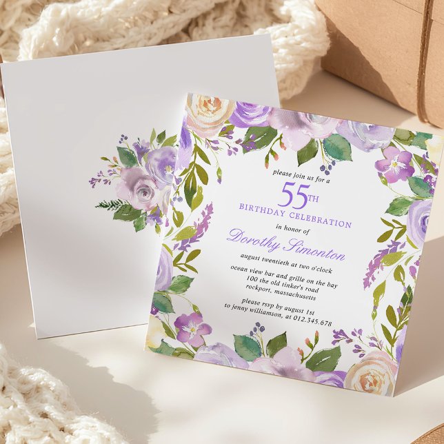 55th Birthday Pretty Purple Floral Invitation Einladung (Von Creator hochgeladen)