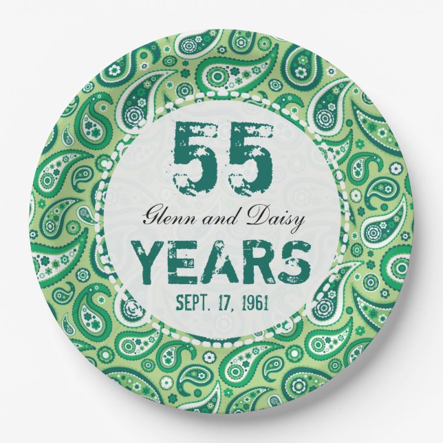 55th Emerald Wedding Annivers Paisley Pattern Pappteller (Vorderseite)