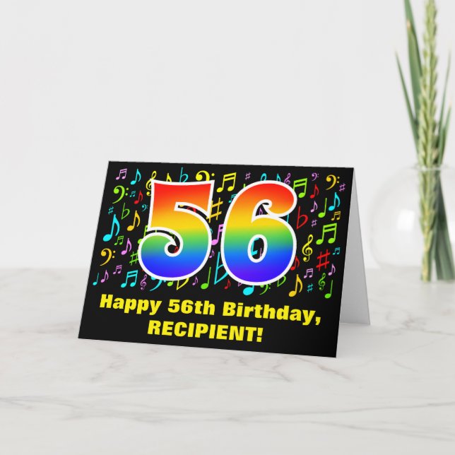 56. Geburtstag: Farbige Musiksymbole & Regenbogen  Karte (Vorderseite)