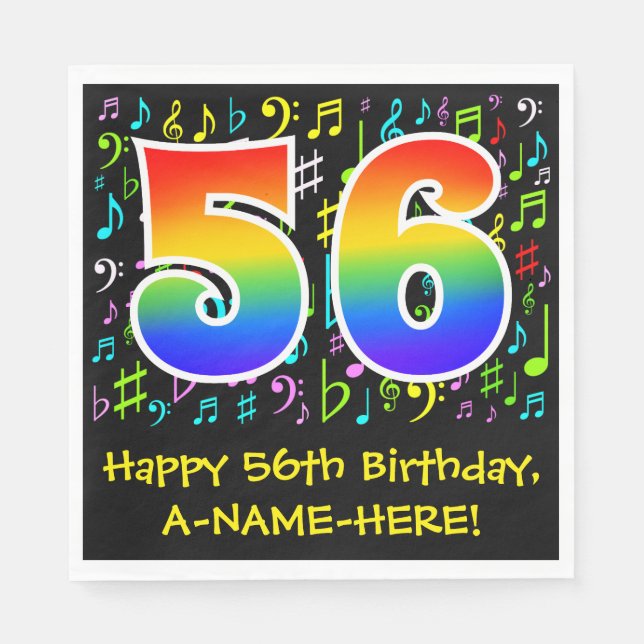 56. Geburtstag - Farbige Musiksymbole, Regenbogen  Serviette (Vorderseite)