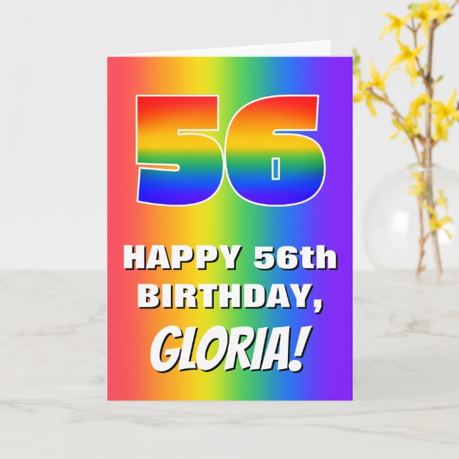 56. Geburtstag: Farbiges, lustiges Regenbogenmuste Karte (Gelbe Blume)