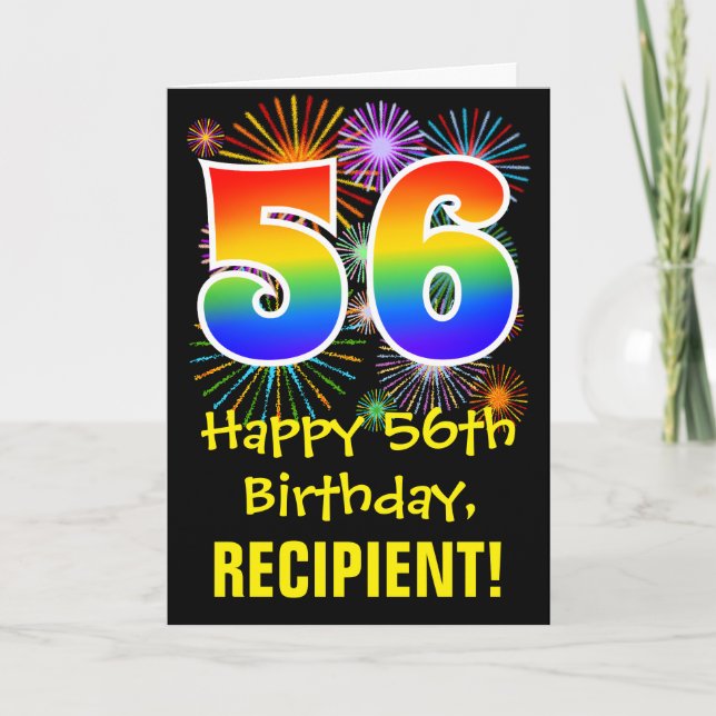 56. Geburtstag: Fun Fireworks Muster + Regenbogen  Karte (Vorderseite)