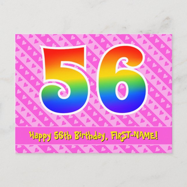 56. Geburtstag: Rosa Streifen & Herz, Regenbogen 5 Postkarte (Vorderseite)