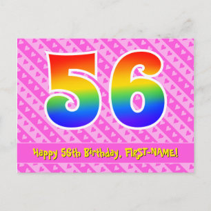 56. Geburtstag: Rosa Streifen & Herzen, Regenbogen Postkarte