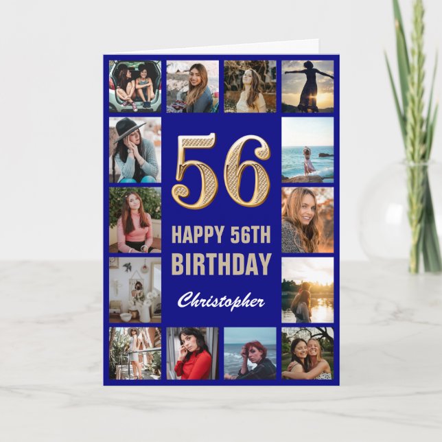 56. Happy Birthday Navy Blue & Gold Foto Collage Karte (Vorderseite)