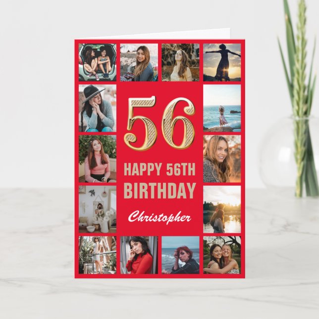 56. Happy Birthday Rot und Gold Foto Collage Karte (Vorderseite)