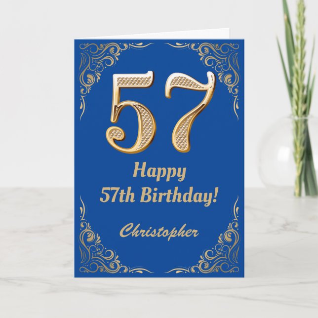 57. Geburtstag Blauer und Gold Glitzer Rahmen Karte (Vorderseite)