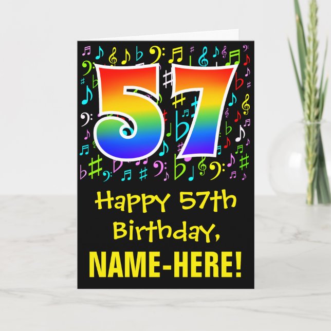 57. Geburtstag: Farbige Musiksymbole + Regenbogen  Karte (Vorderseite)