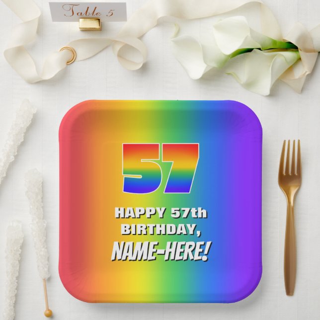 57. Geburtstag: Farbiges, lustiges Regenbogenmuste Pappteller (Hochzeit)