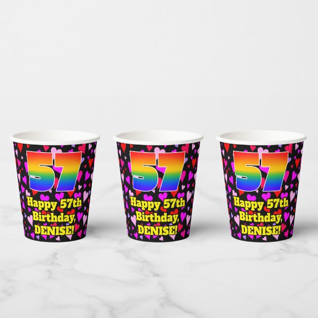 57. Geburtstag: Loving Hearts Pattern, Regenbogen  Pappbecher (Multi)