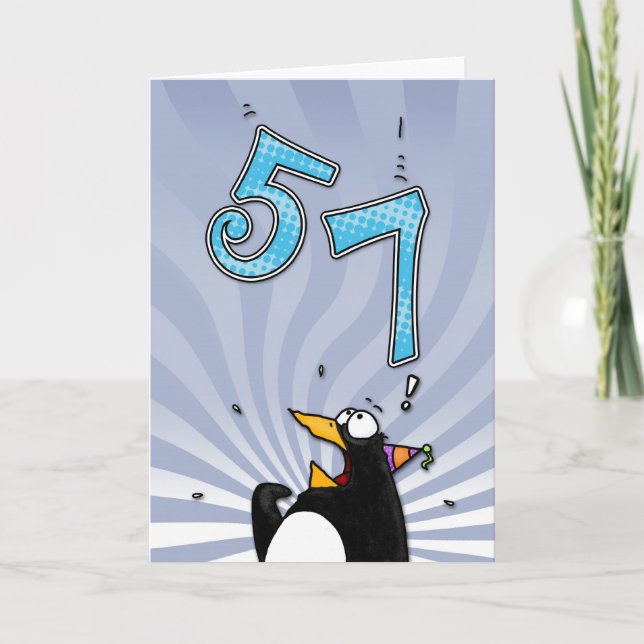 57. Geburtstag - Pinguin-Überraschungs-Karte Karte (Vorderseite)