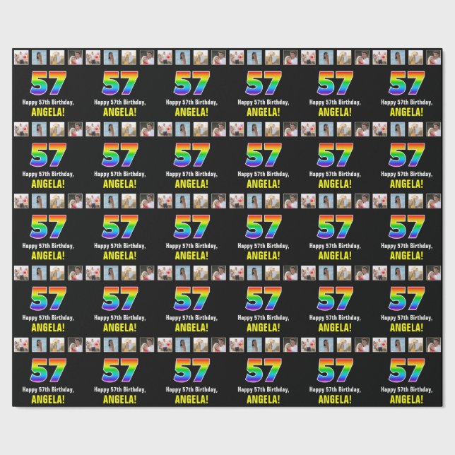 57. Geburtstag: Regenbogen "57"; kundenspezifische Geschenkpapier (Saum)