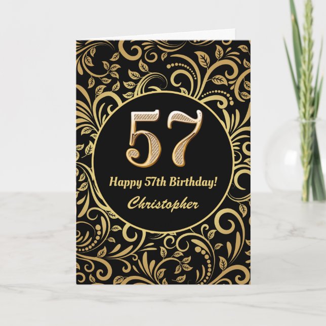 57. Geburtstag Schwarz-Gold-Blütenmuster Karte (Vorderseite)