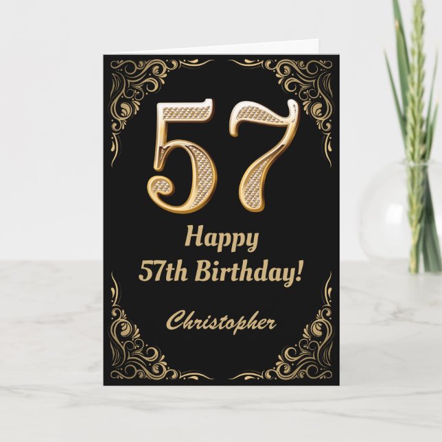 57. Geburtstag Schwarz-Gold-Glitzer-Rahmen Karte (Vorderseite)