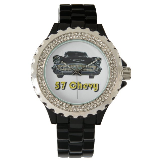 57 Rhinestone Chevy avec montre en émail noir (devant)