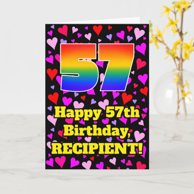 57th Birthday: Loving Hearts Pattern, Rainbow # 57 Karte (Gelbe Blume)