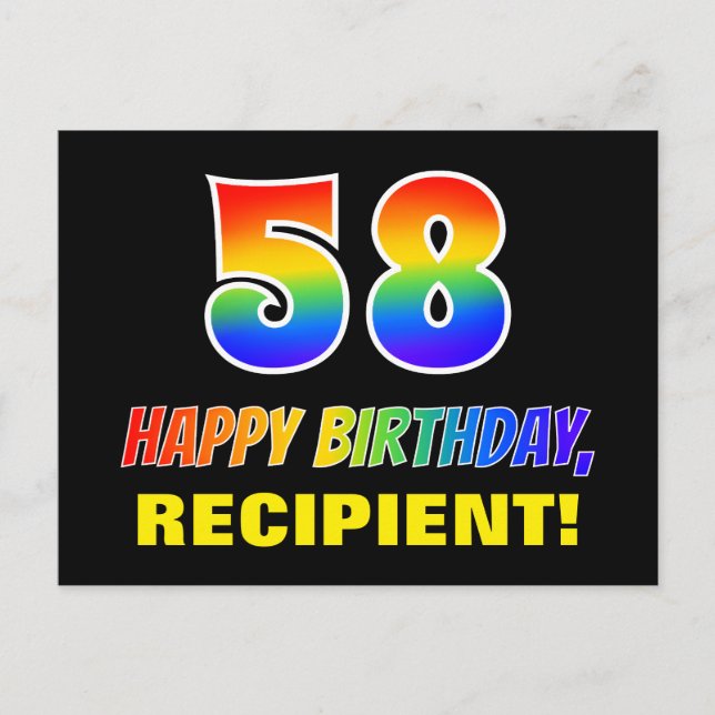 58. Geburtstag: Bold, Fun, Simple, Rainbow 58 Postkarte (Vorderseite)